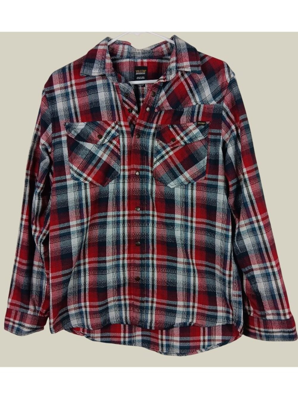 Volcom Workwear Plaid Flannel Snap Shirt Mens S Red Beach Bonfire Camping